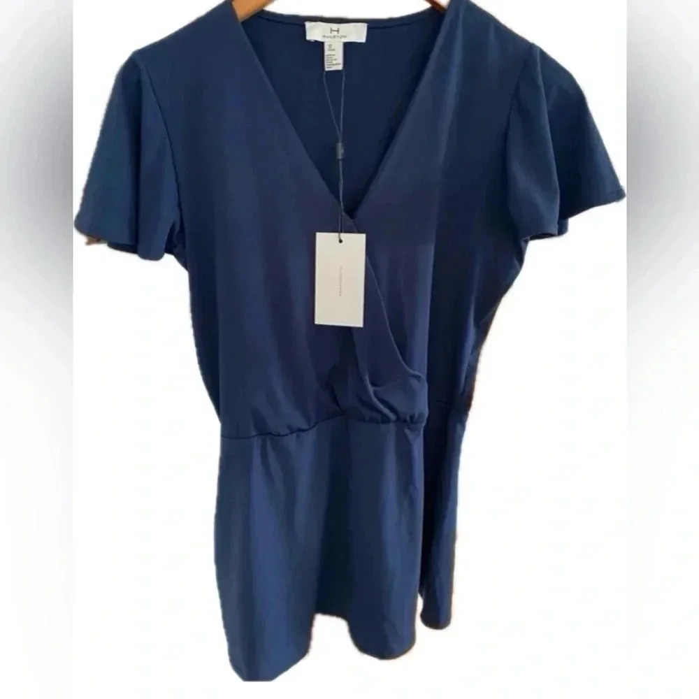 Halston Women’s Wrap Blouse Cap Sleeves‎ Flattering Feminine Versatile Navy XS